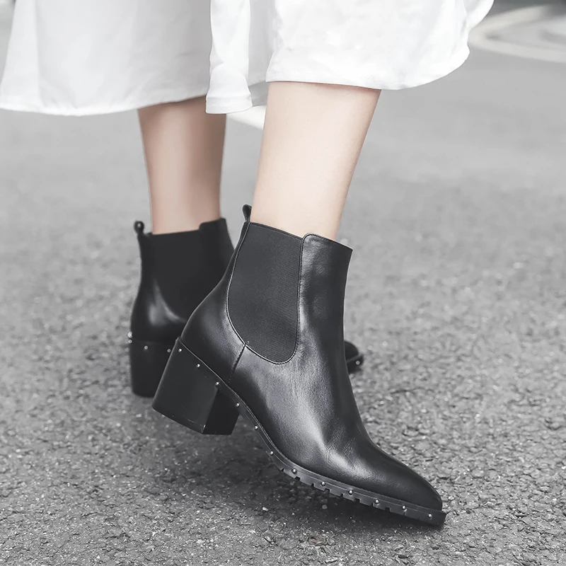 

Women's genuine leather elastic slip-on high heel ankle boots autumn high quality Chelsea boots rivet ladies comfortable shoes