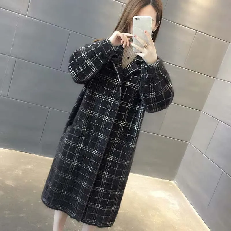 

Faux Mink Fur Long Loose Winter Wool Coat Women Loose Knitted Cardigan Plaid Woolen Female Overcoat Manteau Femme Hiver Cape