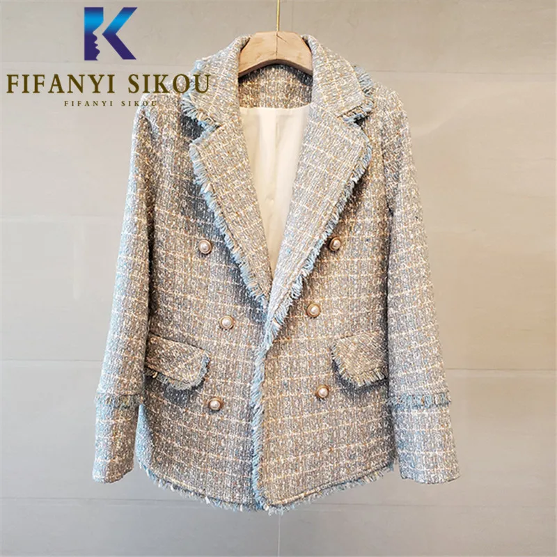 Tweed Blazer Jacket Women Designer Fashion Double Breasted Lapel Plaid Suit Jacket Ladies Autumn Winter Casual Chic Blazers Coat