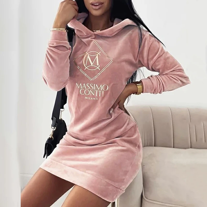 

Lady Casual Long Sleeve Loose Pullover Mini Dress Elegant Women Velvet Party Dress Fashion Letter Print Hooded Sweatshirt Dress