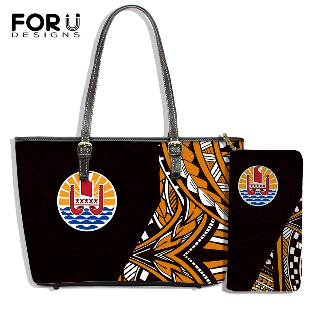 

FORUDESIGNS Hot Sales Lareg Leather Women Shoulder Bag Set Fiji Polynesian Tribe Printing Vintage Female Handbag Top-handle Bags