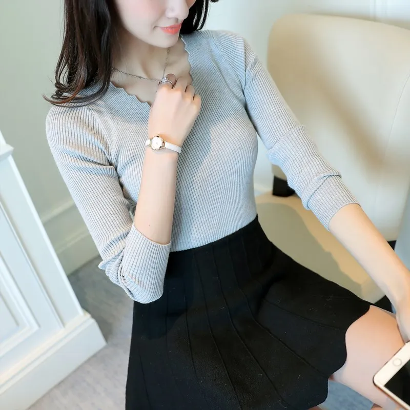 

Autumn Long Sleeve Sweater Women Winter Pullovers Solid Black White Knitted Sweater Tops Wave Cut V-neck Basic Office 7809 50