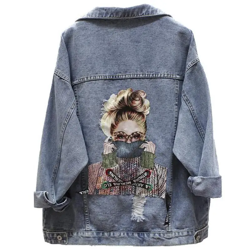 

2021 Spring New Hong Kong Flavor Chic Personality Bead Print Short Coat Female BF Loose Denim Jacket Top Women's Clothing L112