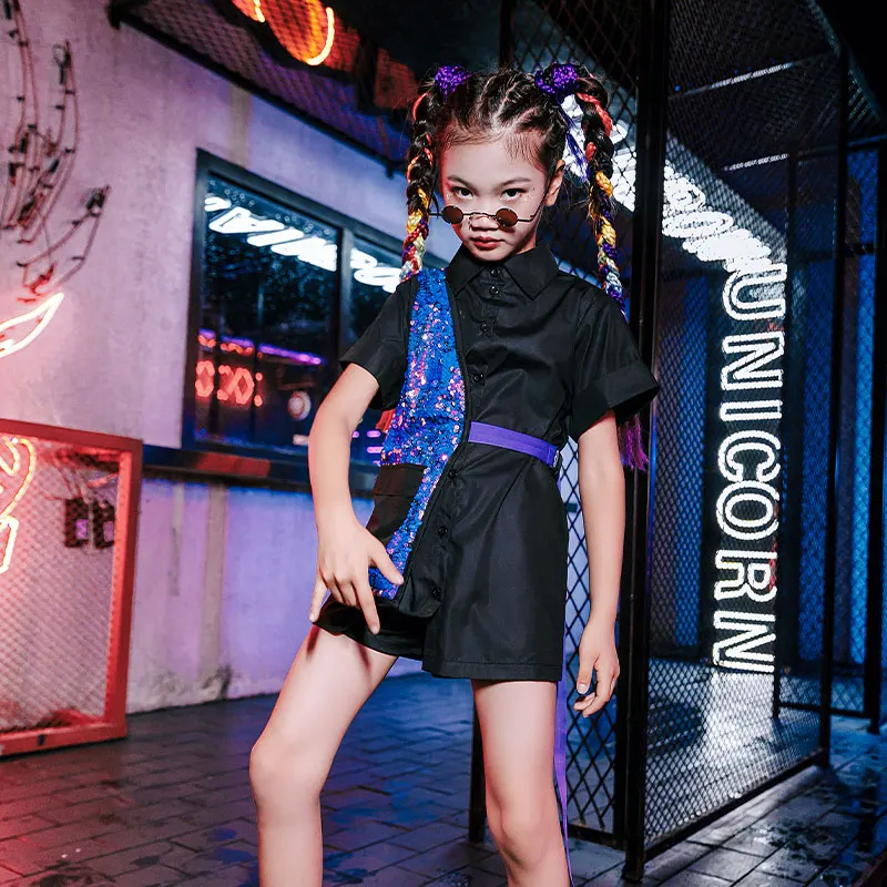 

Kids Jazz Dance Clothes Sequin Vest Black Long Shirt Girls Clothing Modern Street Dance HipHop Stage Performance Costume 120-160