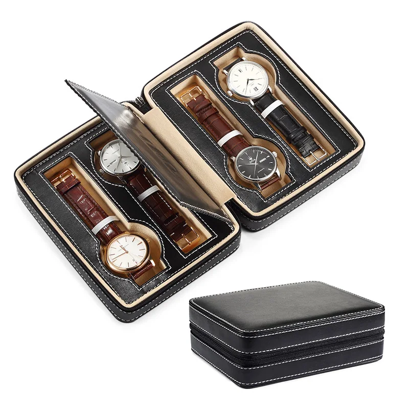 Черный кожаный чехол на молнии для часов хранения органайзер путешествий