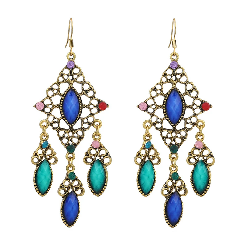 

Fashion 2021 retro hollow gems geometric diamond tassels ladies earrings handmade crystal beads party accessories Irregular