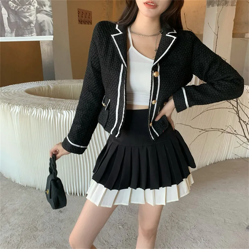 

CBAFU black chic women suit black tweed two piece set pleated skirt lady jacket long sleeve coat A-Line mini skirts blazer N705