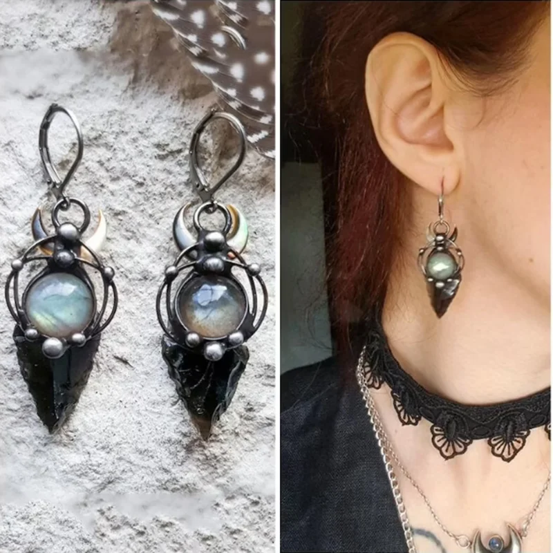 Серьги из лабрадора с жемчугом и черной стрелой серьги ведьмы ювелирные изделия