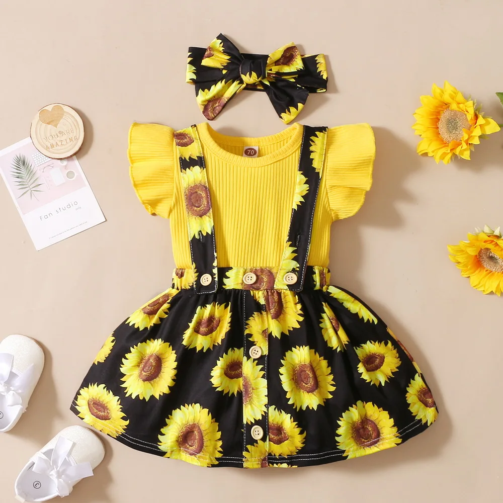 

On Sale Newborn Baby Girls Outfits Strap Skirt Cute Baby Clothes 3pcs Headband Sunflower Print Romper Fashion Baby Clothes 0-24M