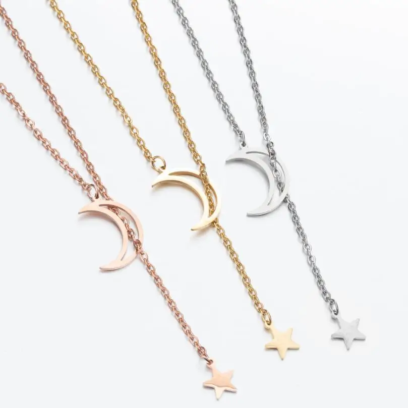 

AsJerlya Classic Stainless Steel Women Necklace Rose Gold Double Pendant Long Chain Moon Star Necklaces Choker Wedding Gifts