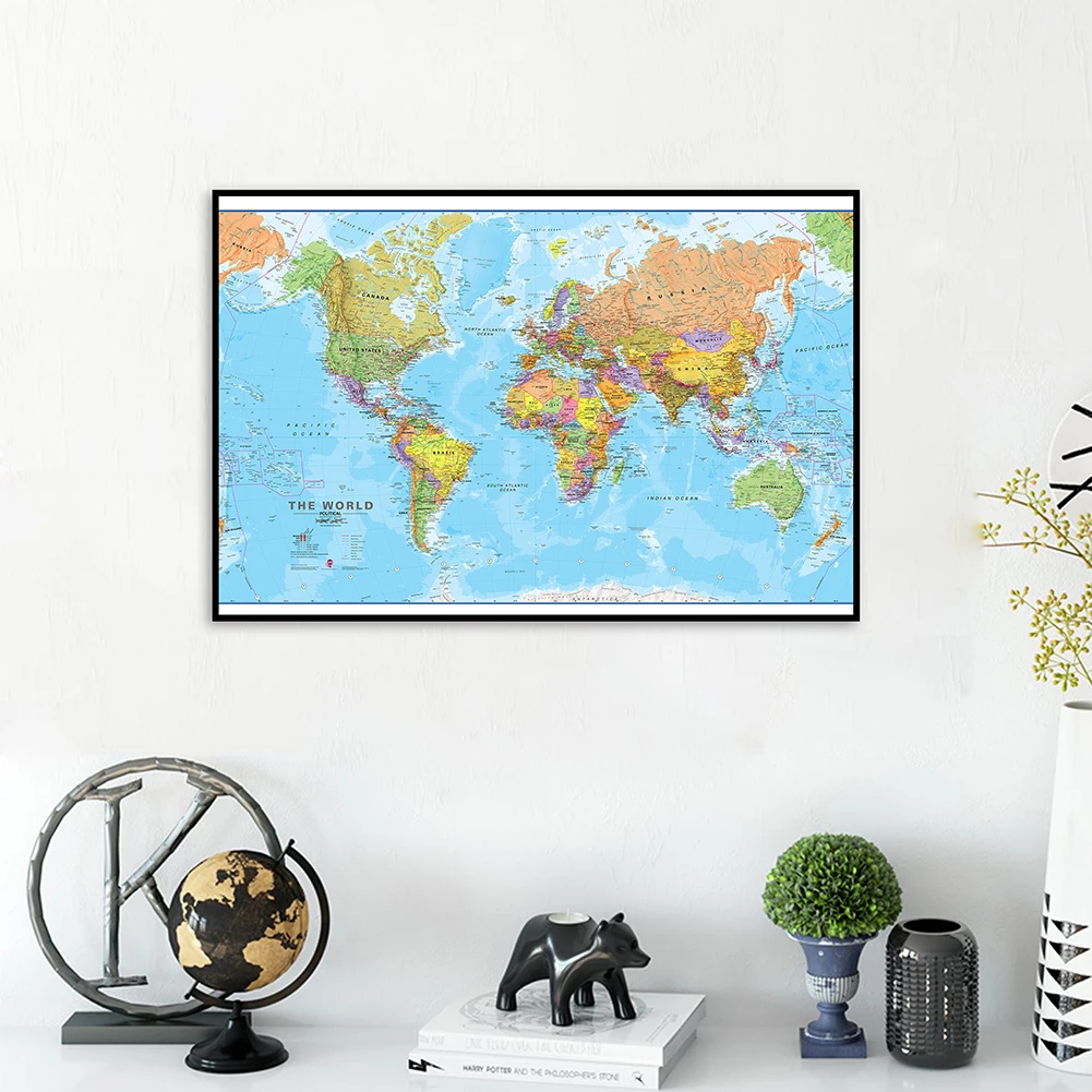 

75*50cm The World Political Map with Details Spray Canvas Painting Wall Art Poster School Supplies Living Room Home Decoration