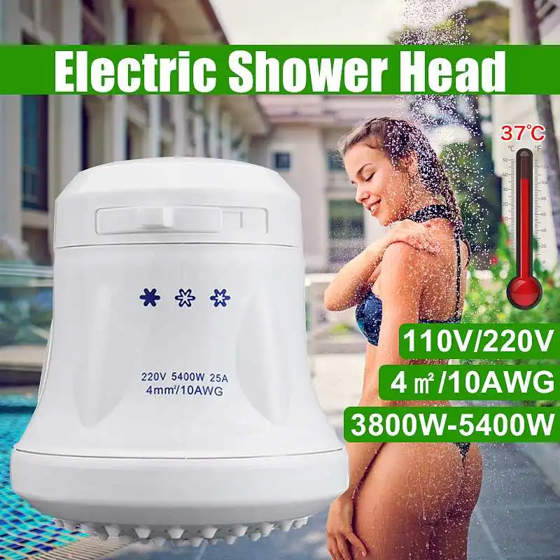 

220V 5400W Electric Shower Head Tankless Instant Hot Water Heater 3 Temperature Adjustable Portable Calorifier with 2m Hose