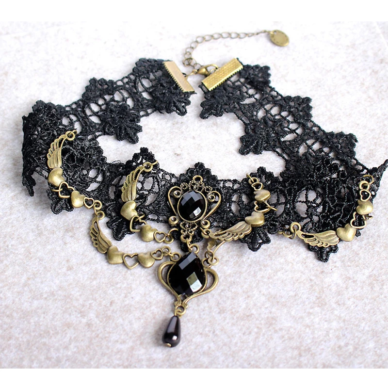 Женское колье в стиле стимпанк JOUVAL Винтажное колье-чокер с черными кружевными