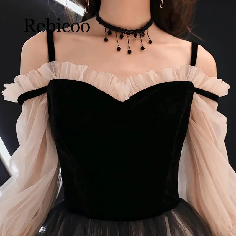 

2019 gray velvet tulle sexy word collar party elegant long waist slimming dress
