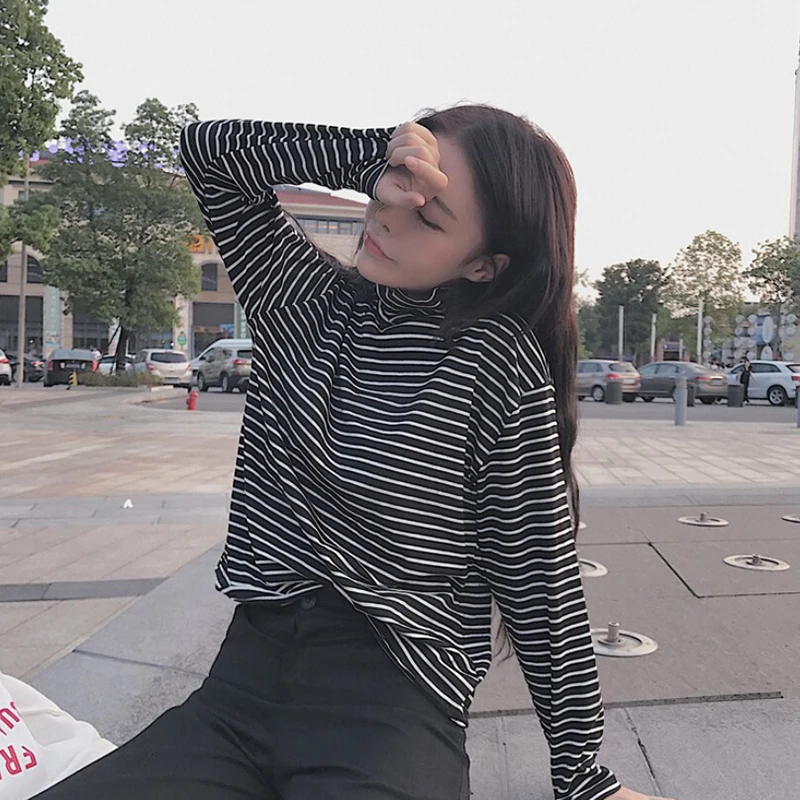 Black White Striped Long Sleeve Tshirts Women Loose T-shirt Fashion Korean Style School Students Females | Женская одежда