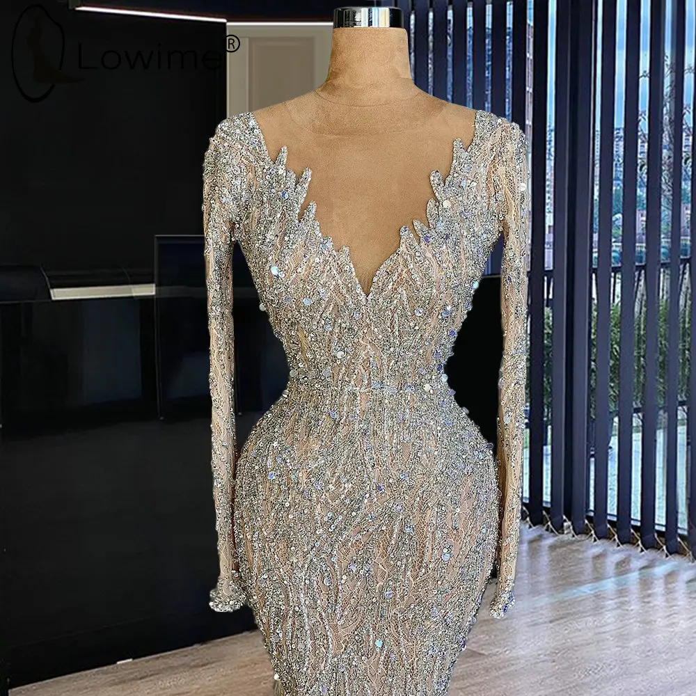 Feathers Champagne Long Sleeves Mermaid Evening Dresses Sparkly Luxury Beading Wedding Formal Gowns Abendkleider 2021