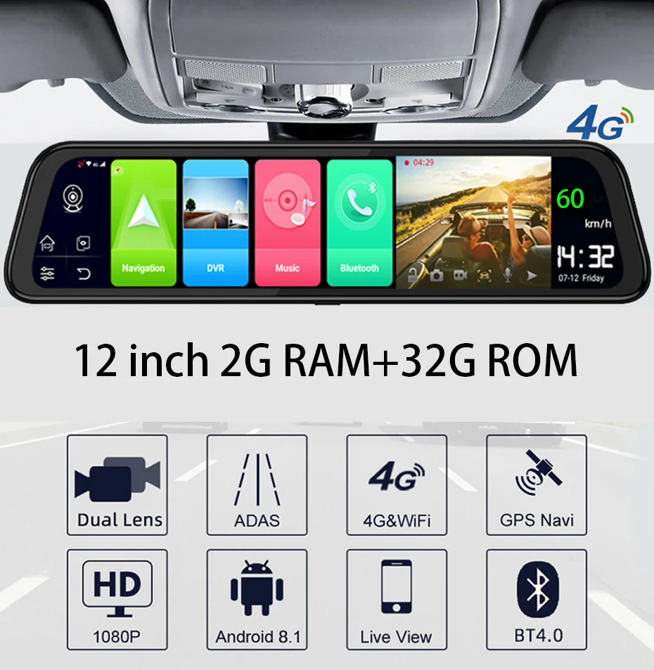 Автомобильный видеорегистратор 4G Android 8 1 с 12 дюймовым сенсорным экраном зеркало