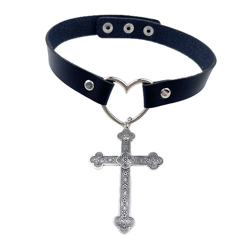 

Harajuku Y2k Jewelry Hyperbole Peach Heart Cross Pendant Necklaces for Women Sexy Leather Chain Choker Necklace Female Jewelry