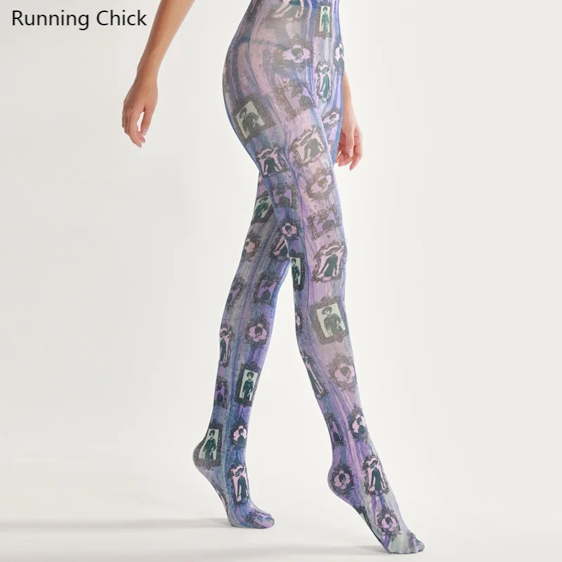 

Фиолетовый рисунком цифровая колготки с принтом с голенищем «гармошкой», носки Для женщин ажурный просвечивающий нательный комбинезон один размер, Леггинсы для беременных