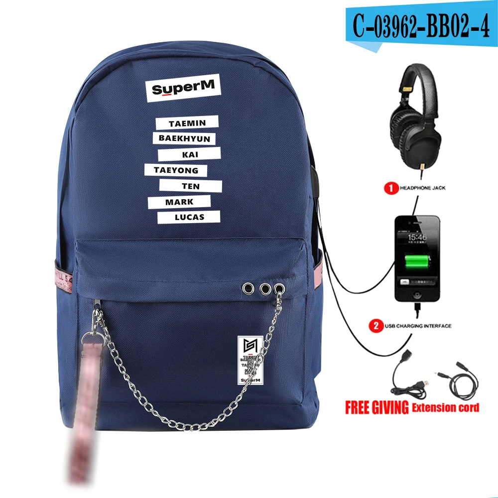SuperM рюкзак KPOP крутой логотип команды стильный с подвесным орнаментом с USB молнией модный рюкзак для путешествий - Цвет: BB02