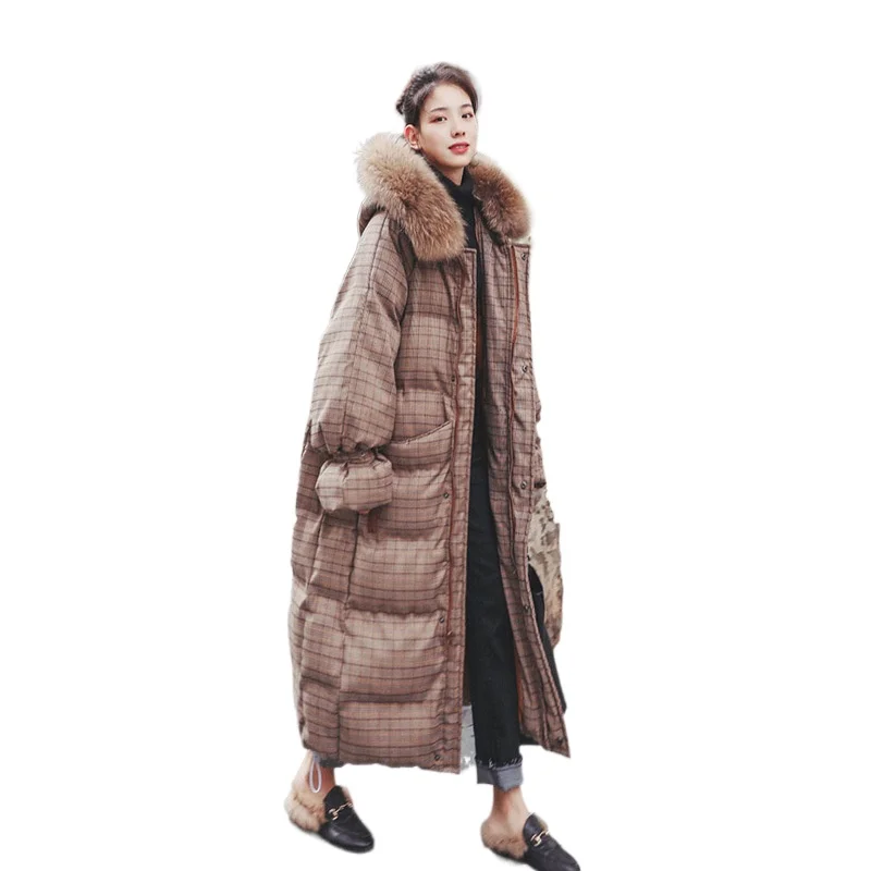 

Plaid Loose Women's Down Jacket Winter Hooded Down Jacket with Fur Collar Over The Knee Thickened Commuter Down Jacket T75