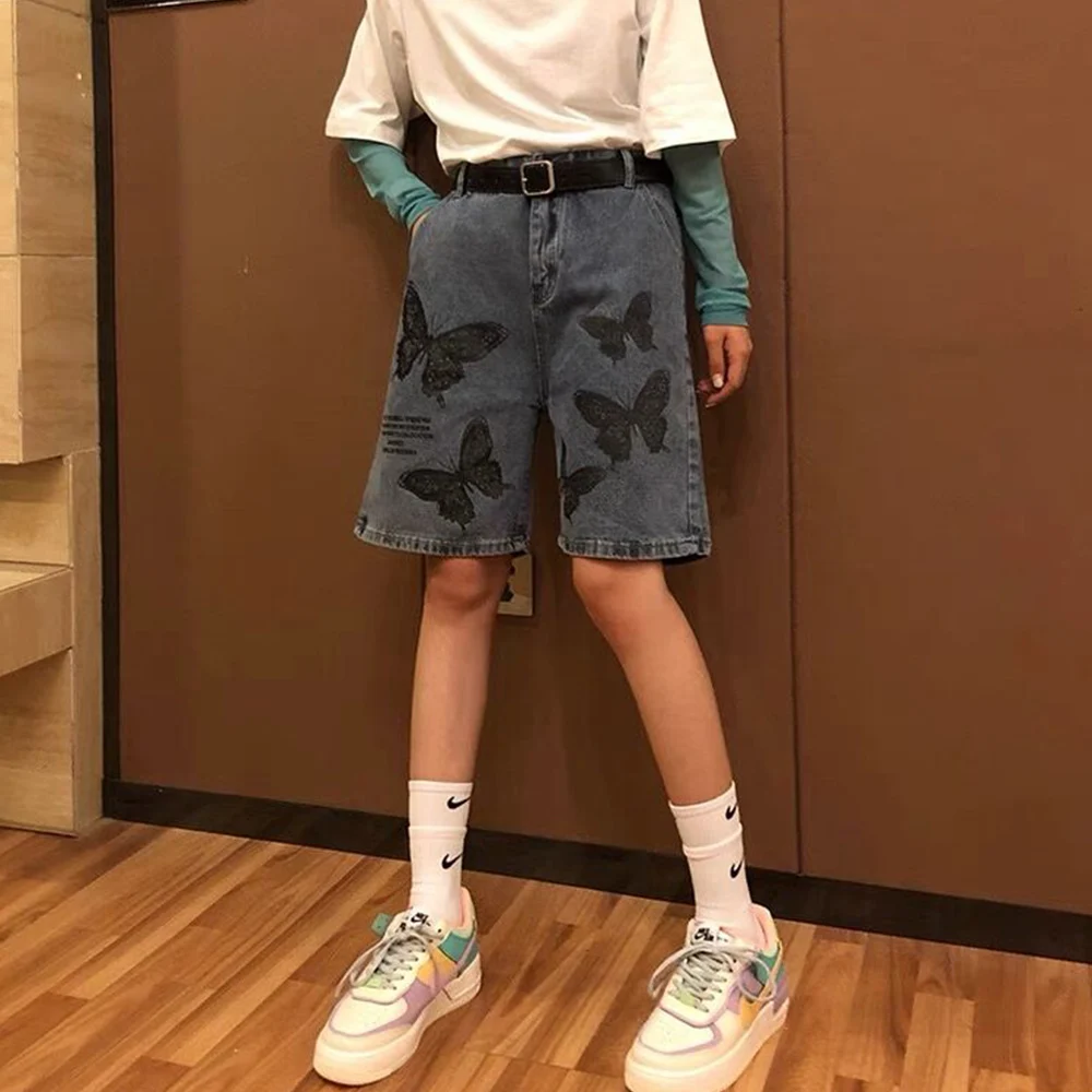 Шорты мужские из денима с принтом бабочки винтажные потертые повседневные штаны