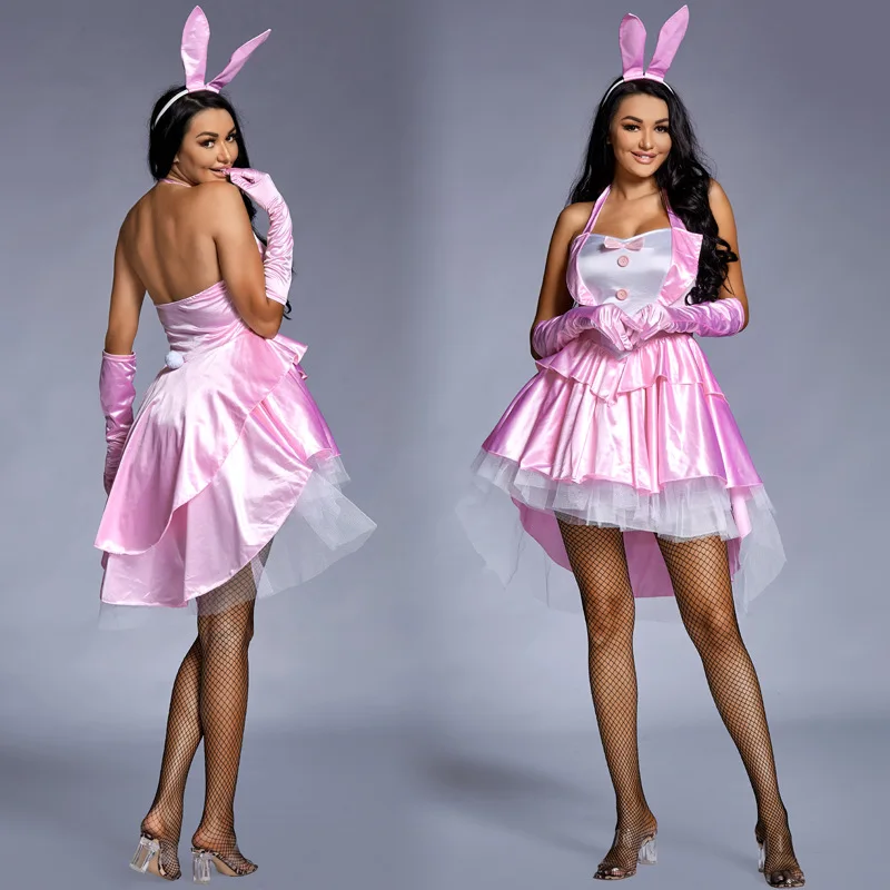 

Women's Sexy Bunny Girl Costume Tuxedo Tails Halloween Club Party Fancy Dress Plus Size Pink Puffy Swallow Tail Skirt