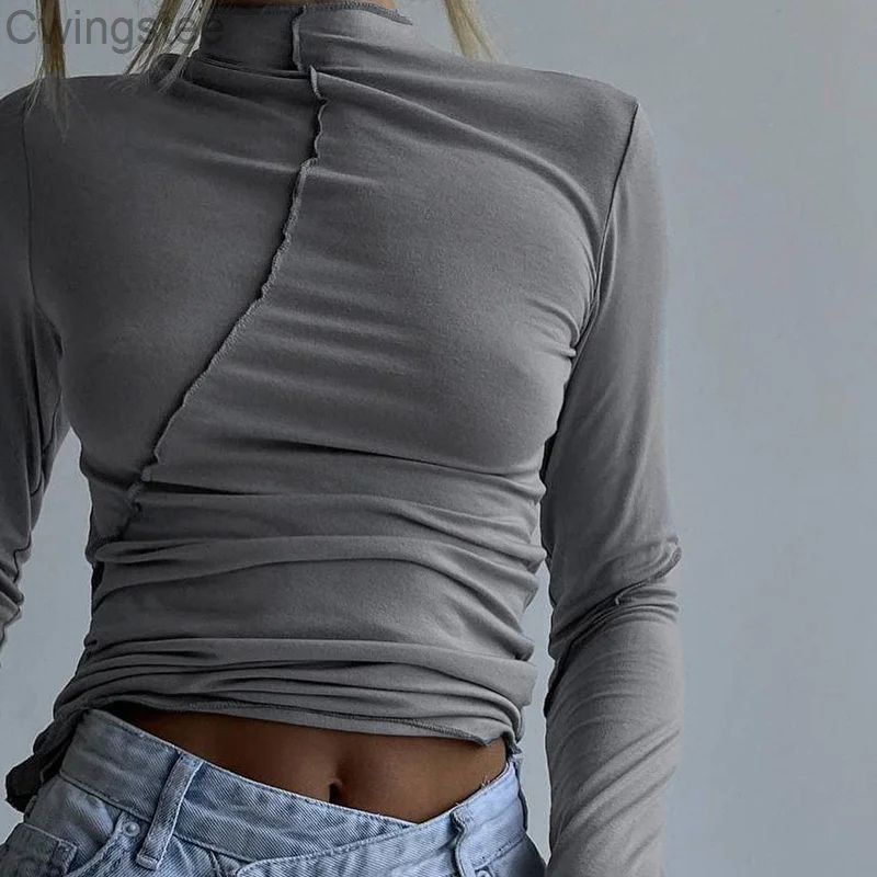 

Autumn Streetwear Casual Solid T-shirts Woman Sexy Skinny Turtleneck Long Sleeves Tops Fairycore Fashion Tee Shirt