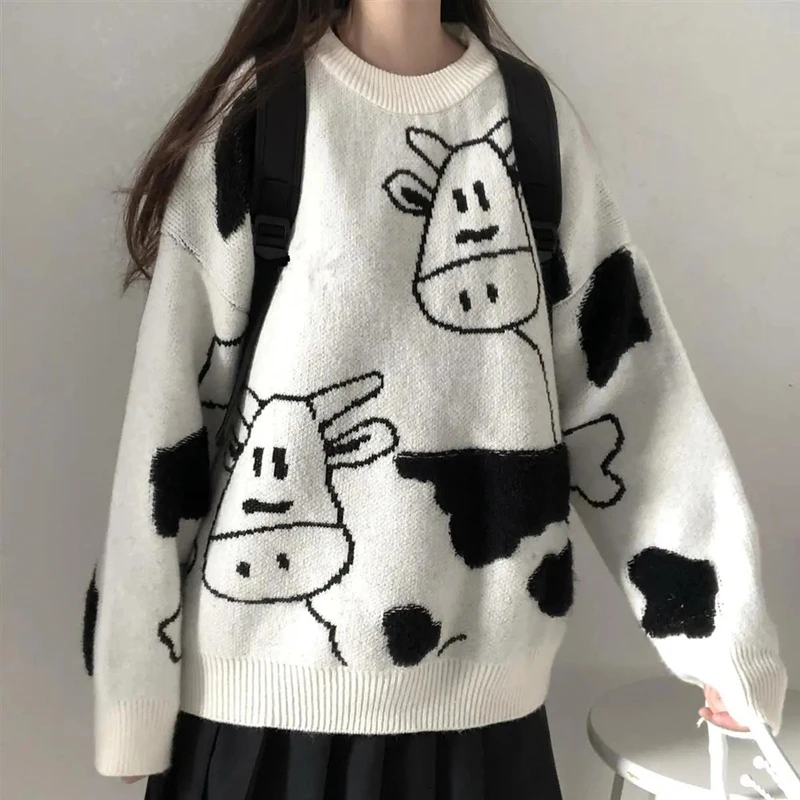 

Women Kawaii Clothes Sweater Japanese Fashion Style Autumn Winter Pullover Long Sleeve Round Neck Knitwear Loose Cartoon Pattern