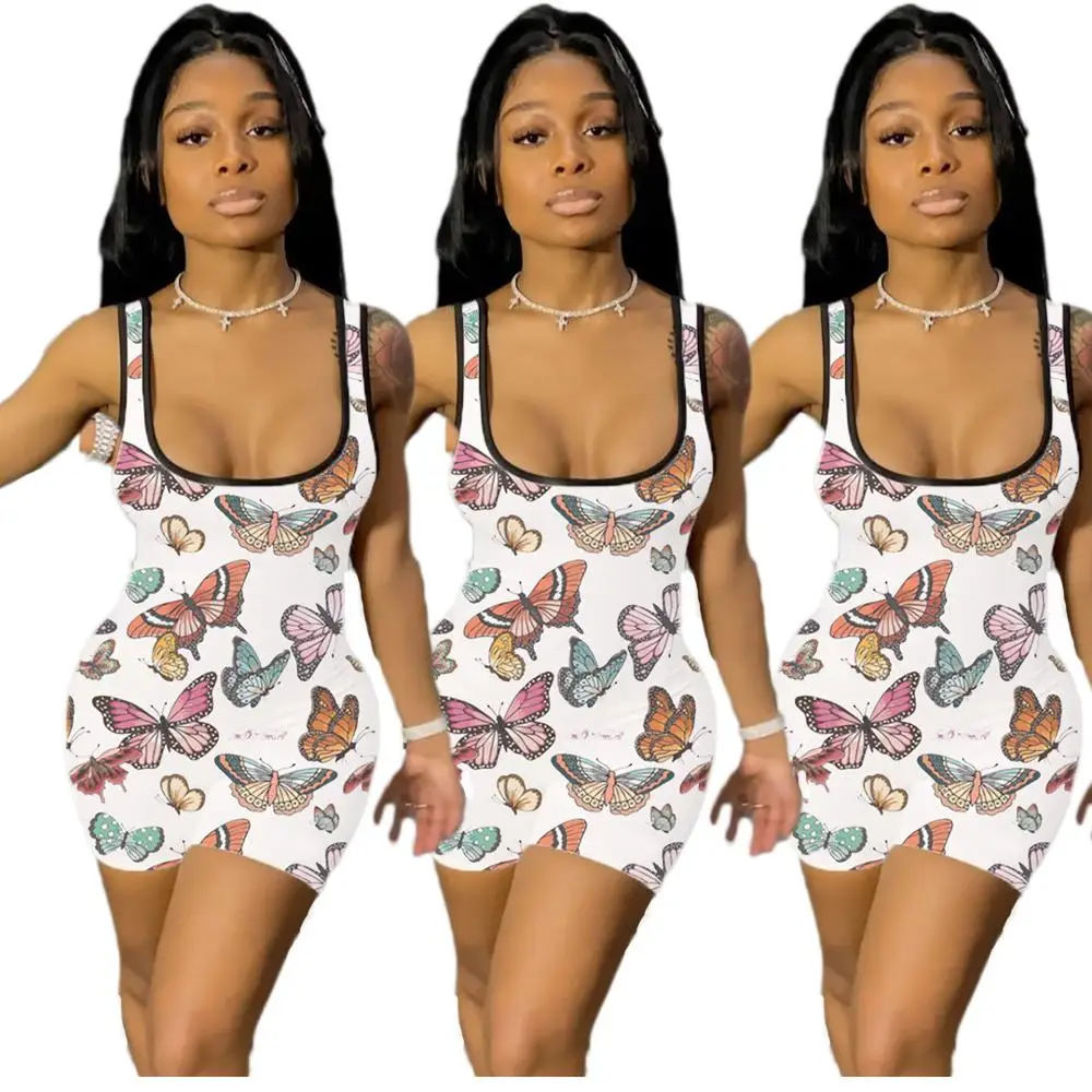 Adogirl Butterfly Print Jumpsuit Color Patchwork U Neck Tank Vest Shorts Romper Casual Playsuit Summer Fashion Onesies Overall | Женская