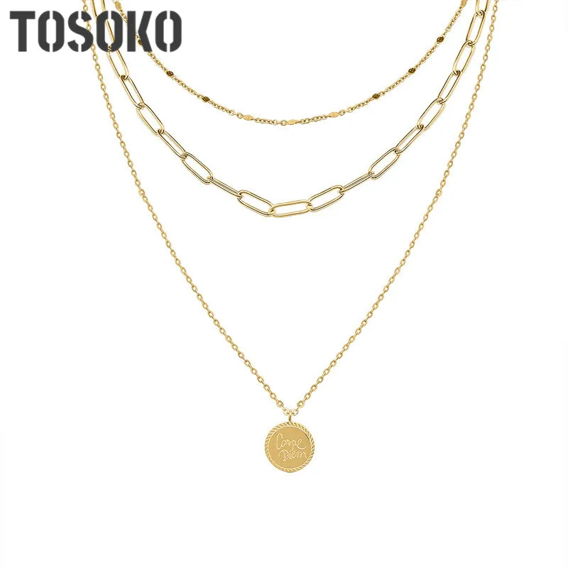 TOSOKO Stainless Steel Jewelry Exaggerated Cone Diem Multi-Layer Necklace With Female Personality Clavicle Chain BSP758