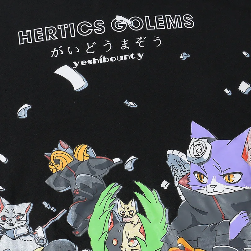 Men Hip Hop Hoodie Sweatshirt Anime Cat Japanese Cartoon Streetwear Harajuku Hoodies Pullover Loose Autumn Black Sweat Shirts | Мужская