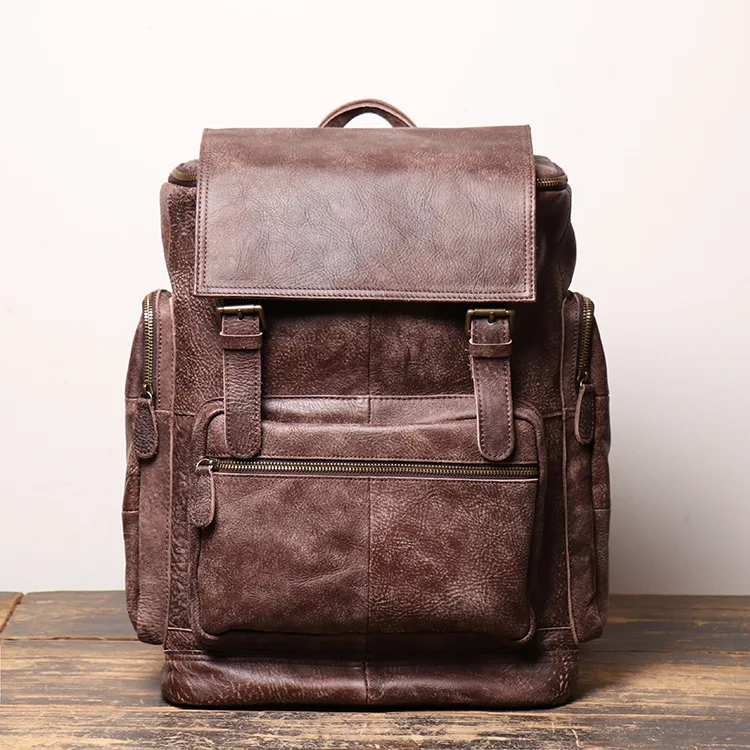 

Man Backpack Genuine Leather Shoulder Bag Male Mad Horse Leather Backpack Handmade Head Leather Travel Backpack