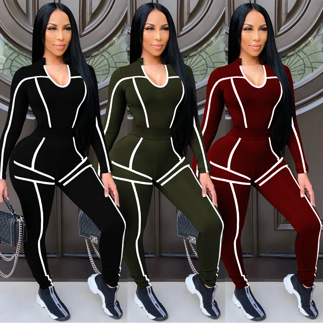 

48SM9136European and American women's fashion casual solid color lacing U-neck slim long sleeve pants sports two-piece set