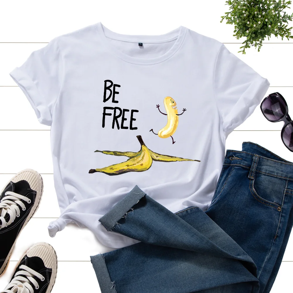 T-Shirts for Women Graphic Tees Printed Shirt Short Sleeve Summer Tops Casual Clothes Be Free Undressed Banana Fruit Top