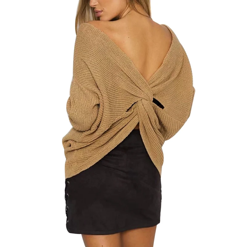 Популярный Женский Повседневный свитер с v-образным вырезом сзади женские