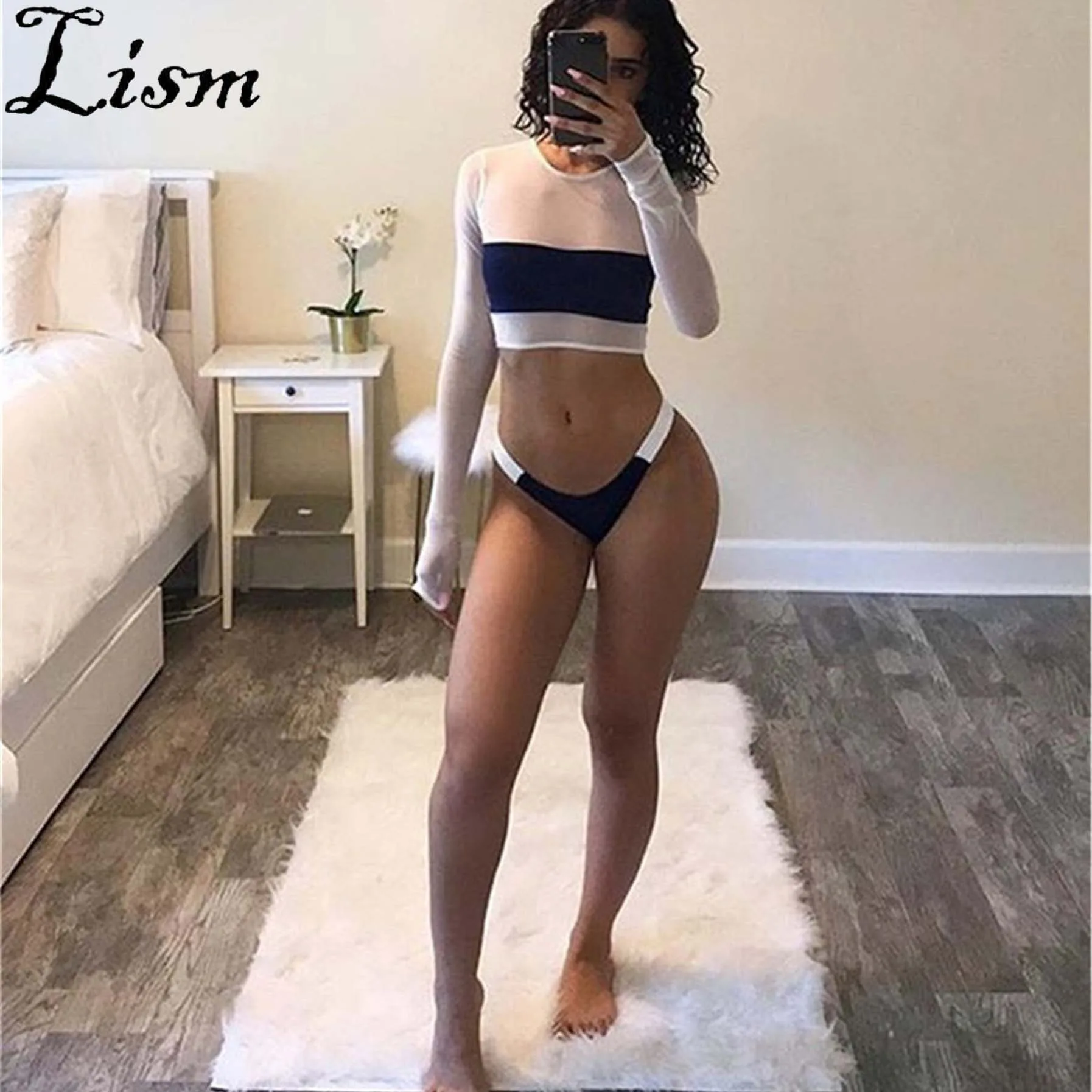 Синий и белый лоскутный принт высокая талия танкини умеренный Купальник для