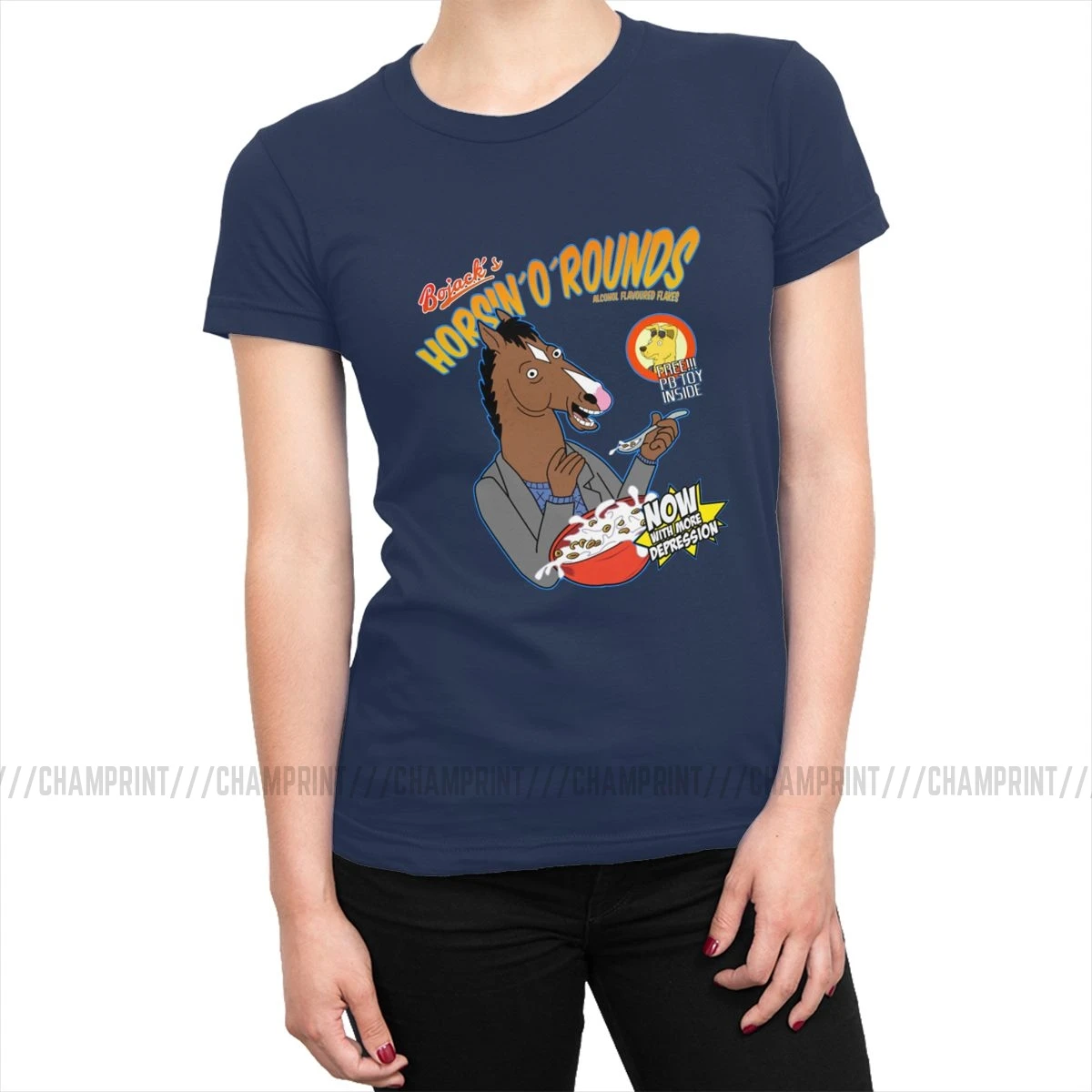 Женские футболки Bojack's cereal, Забавные футболки Bojack Horseman с рисунками из мультфильмов, модные хлопковые футболки, топ, базовая Женская одежда с графическим принтом - Цвет: Тёмно-синий