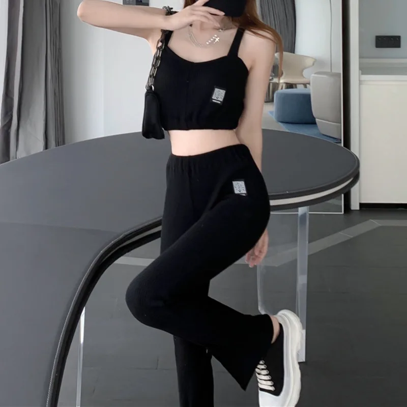 

New Fashion 2021 Summer 2 Piece Sets Womens Outfits Knitted Camisole+High Waist Slit Flared Pants Tracksuit For Women