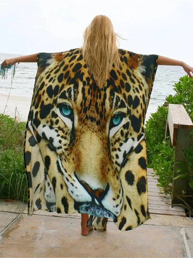 

Bikini Cover-Ups Sexy Tiger Pattern Print Kimono 2021 Robe Plage Swimsuit Cover Up Boho Loose Long Cardigan Beachwear Tunics