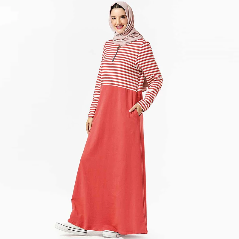 

Latest Muslim Dress Dubai Style Middle East Elegant Sweater Skirt Islamic Fashion Striped Zipped Pocket Arab Moroccan Kimono