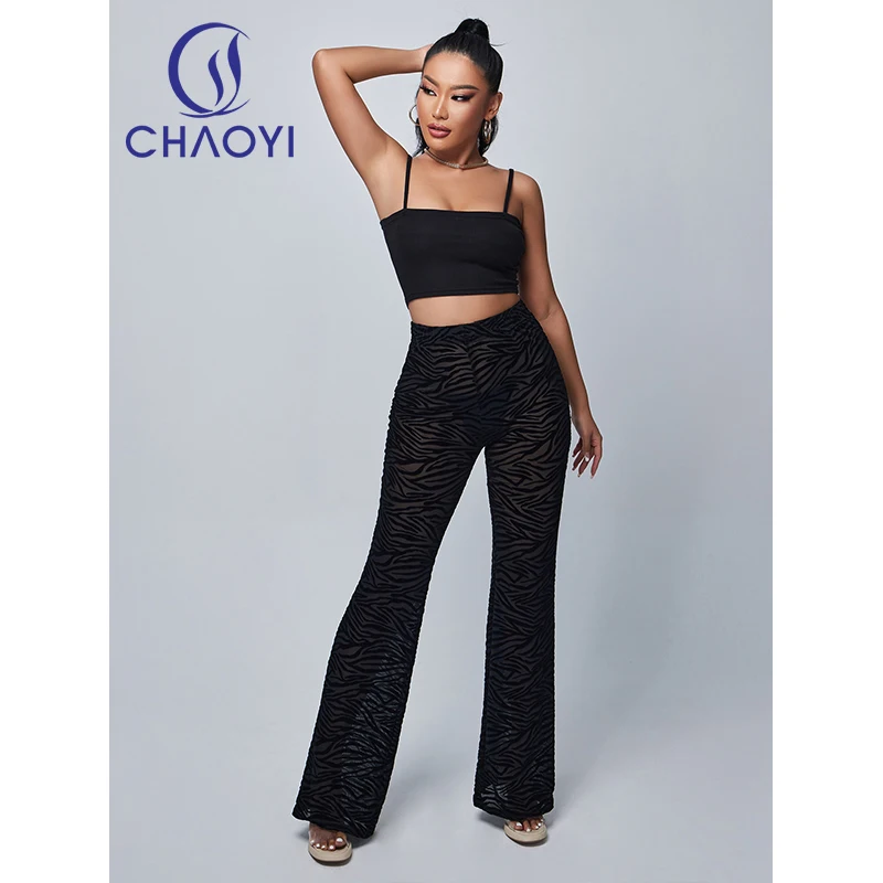 

CC Black Striped Flocked Pants Spring Women See Through Mesh Elastic Flared Trousers Fall Sexy High Waist Bottom Club Party Wear