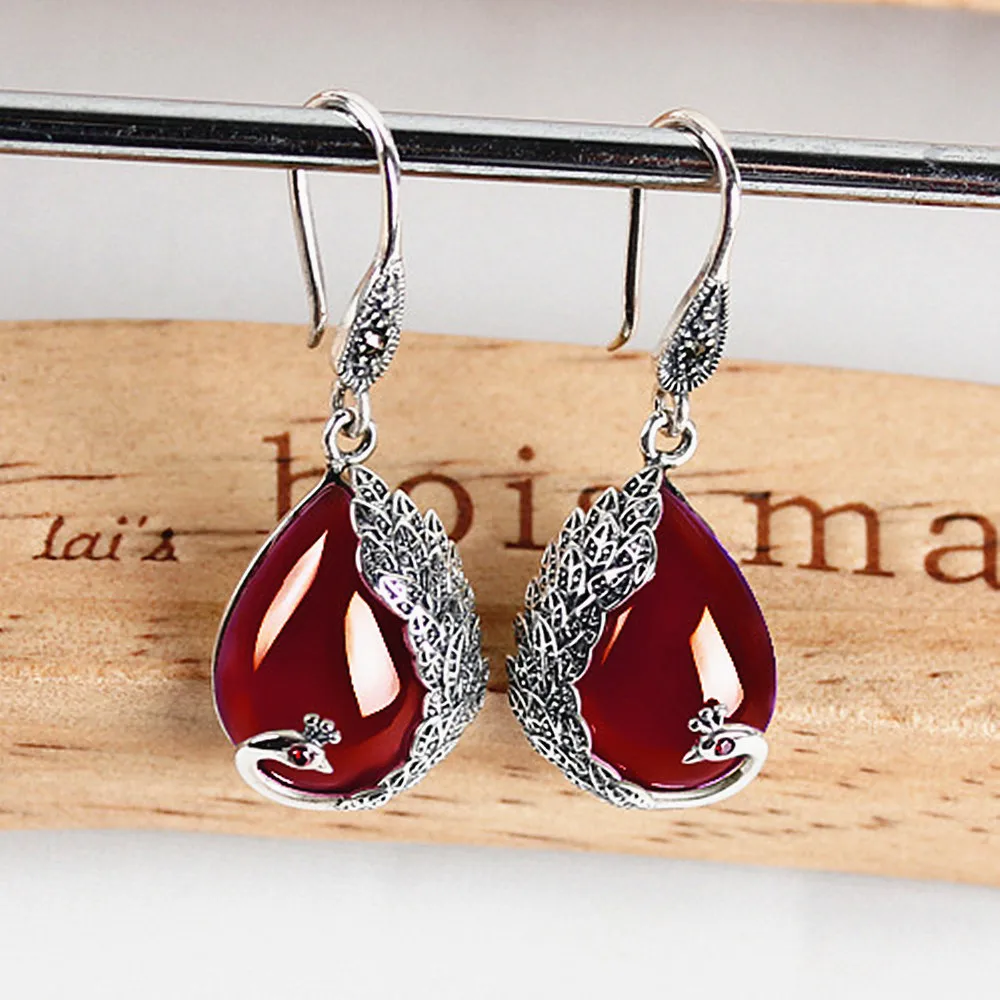 

VINTAGE CARVING RED JADE RUBY GEMSTONES DROP EARRINGS FOR WOMEN THAI SILVER COLOR JEWELRY BIJOUX BRINCOS PARTY ACCESSORIES GIFTS