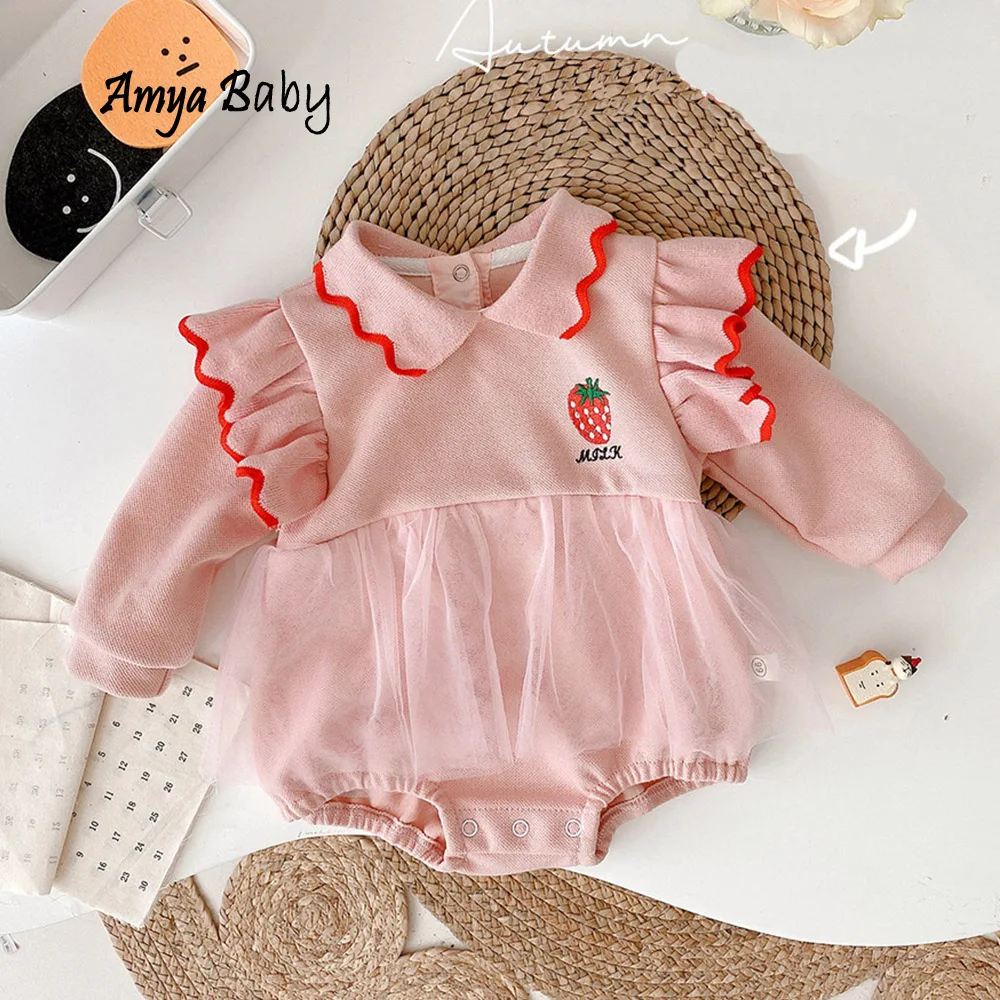 Girl Baby Bodysuits Long Sleeve Pink Turn-Down Collar Spring Autumn Newborn Onesies Princess First Birthday Infant Rompers