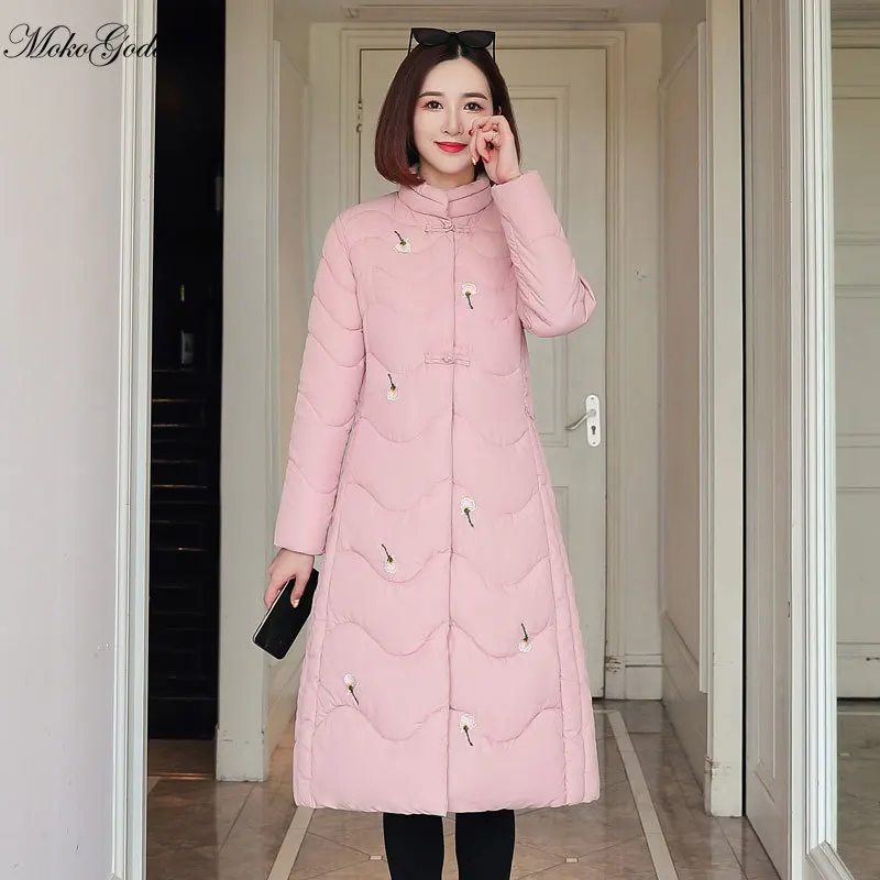 

Длинная парка с воротником-стойкой Moko, элегантная зимняя куртка с вышивкой, Женская Повседневная однотонная однобортная парка, пальто 2020, Н...