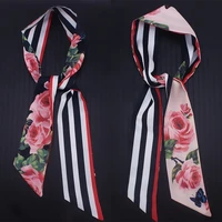 1107cm woman accessories 100 silk scarf rose flowers stripe double scarves hair band headwrap shawl narrow scarf neckerchief