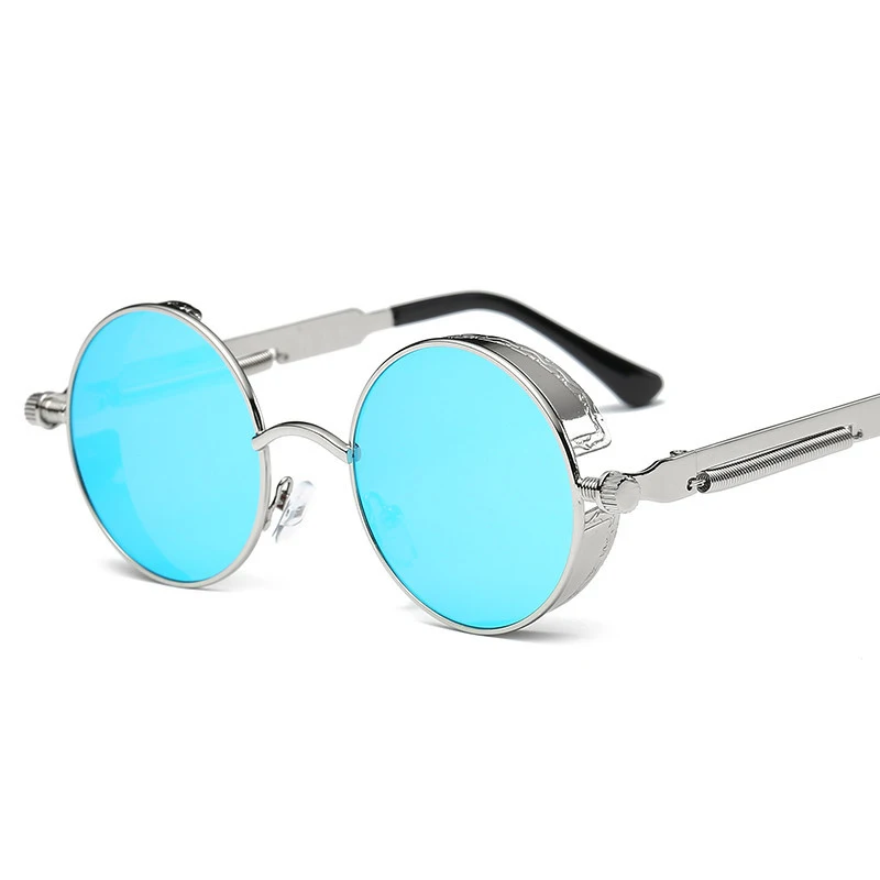 10-Silver-Blue Круглые металлические солнцезащитные очки стимпанк для мужчин и женщин, модные очки, брендовые дизайнерские Ретро Винтажные Солнцезащитные очки UV400 - Цвет линз: 10-Silver-Blue