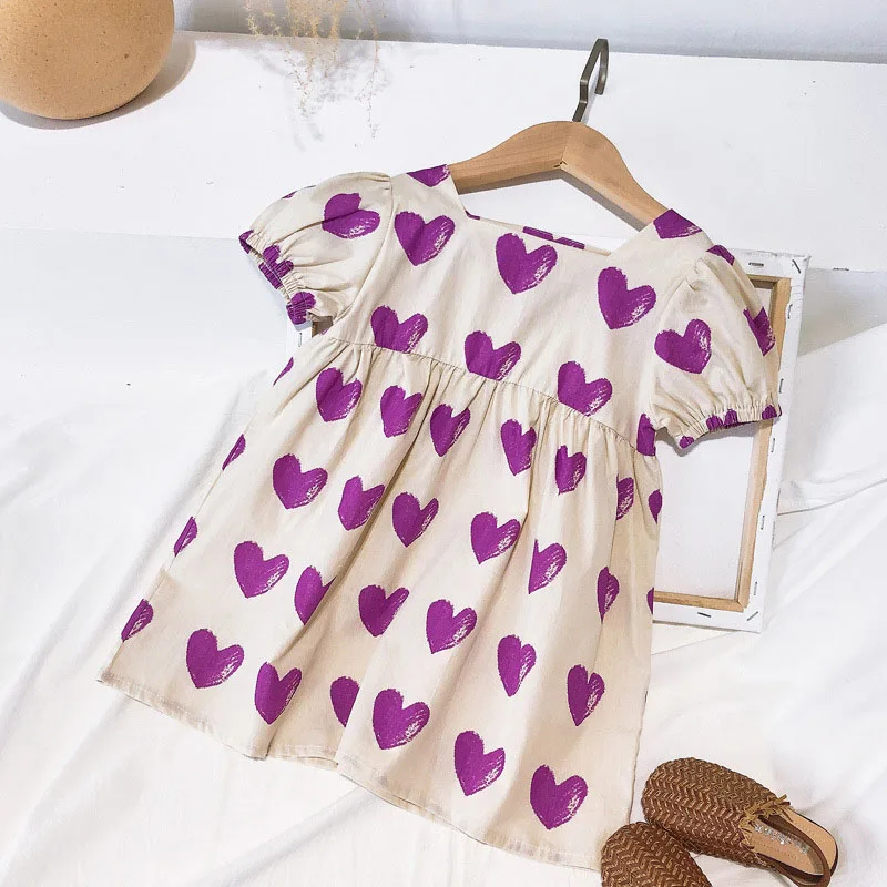 

Fashion 2-6 Years Children Girls Dress Summer Puff Sleeve Square Collar Dress Kids Girls Sweet Heart Print Beige Dress Clothes