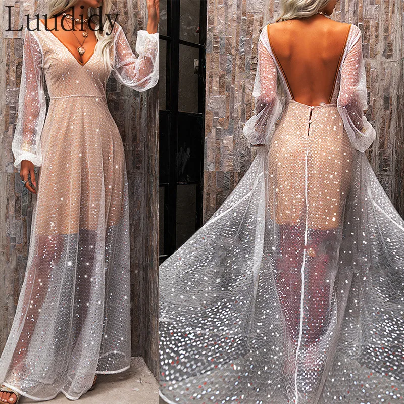 

Shiny Sequined Sheer Long Sleeve Maxi Dress Women V-Neck Slim Waist A-Line Dresses Evening Robe