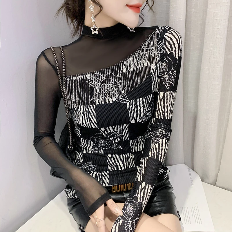 

New 2021 Autumn Long Sleeve Women's Tops Fashion Turtleneck Print Patchwork Mesh T-Shirt Elegant Slim Plus Size Blusas